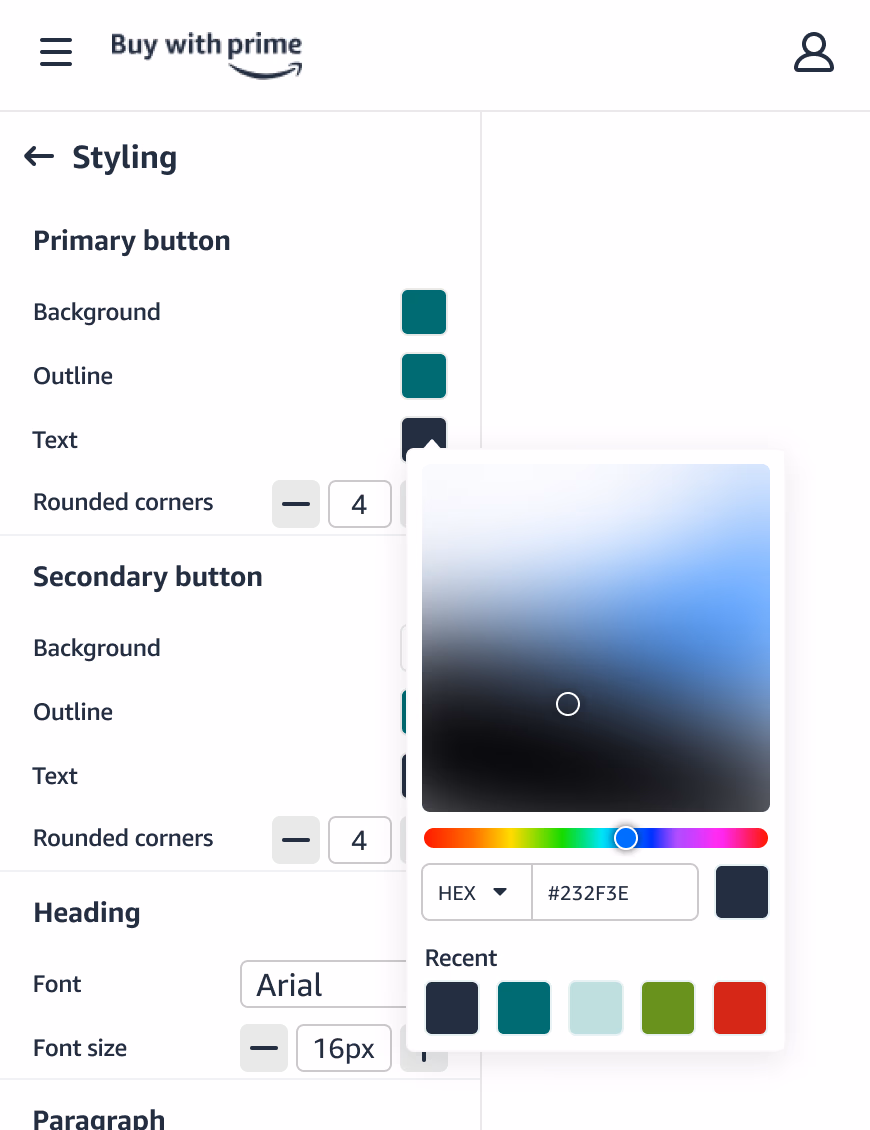 Color picker component with a swatch row showing the 5 most recently used colors