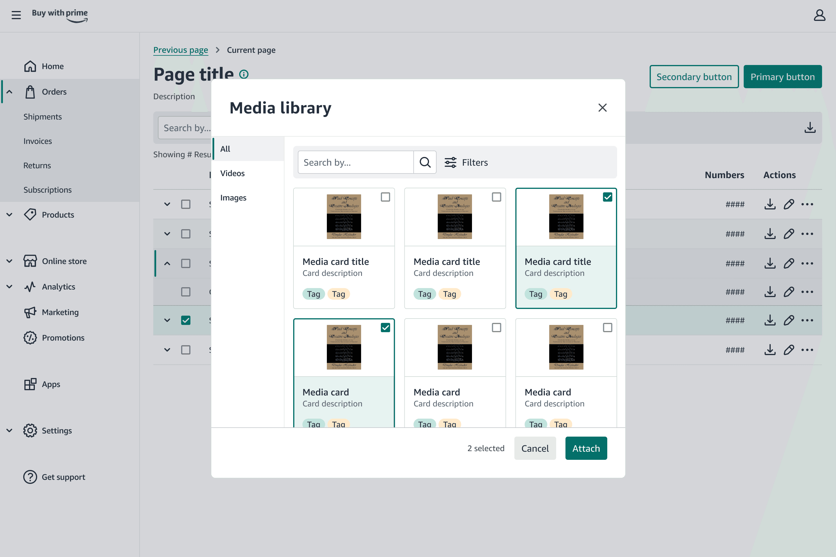 Media library modal with a filterable grid of images and videos, multi-select checkboxes, and an Attach action