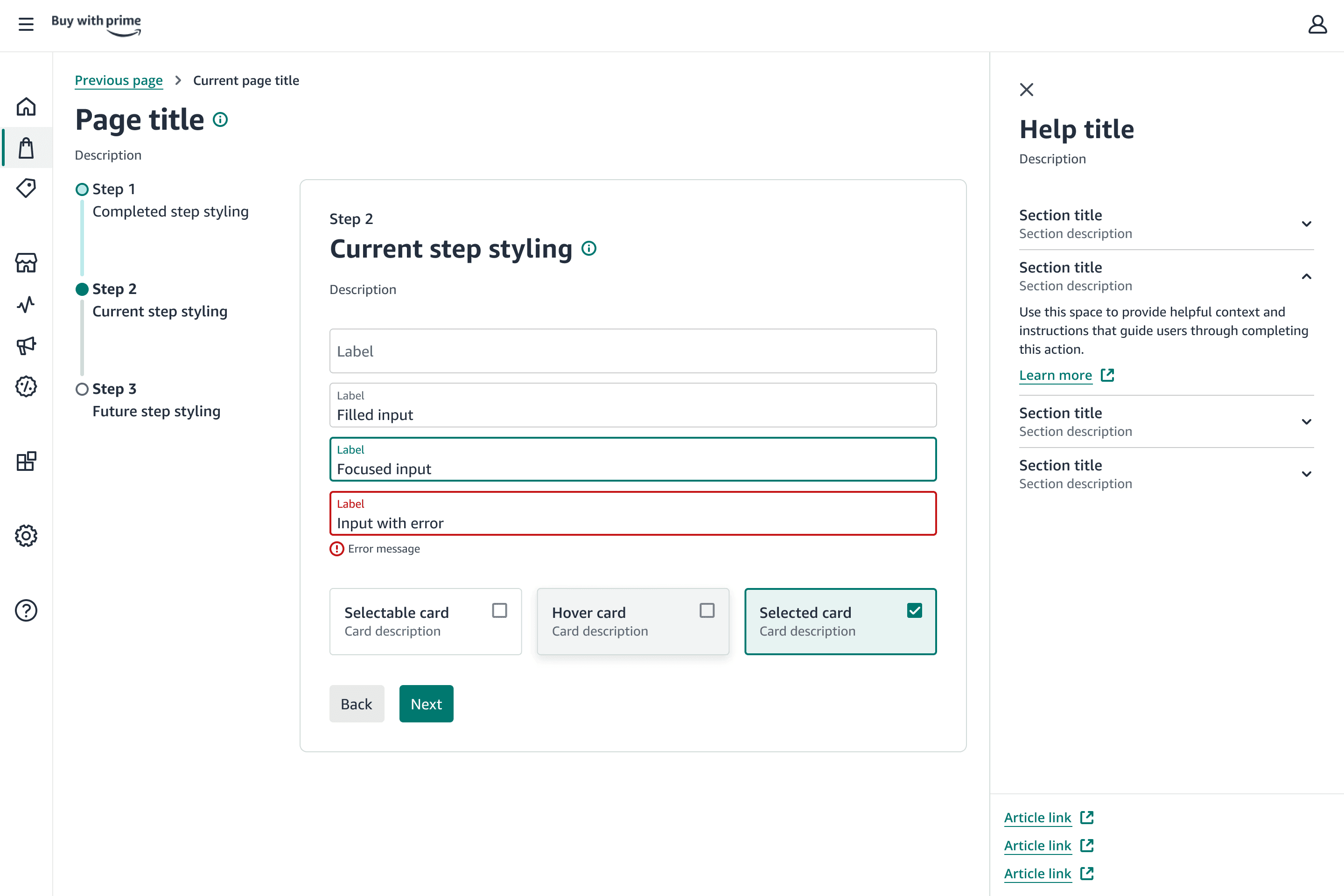 Multi-step merchant onboarding flow showing step navigation, form inputs with validation states, selectable cards, and a contextual help panel