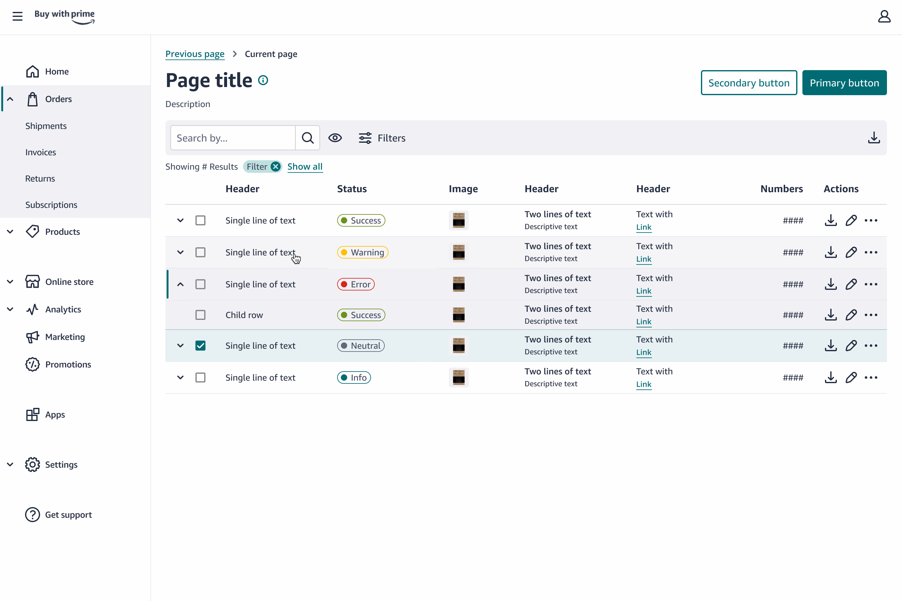 Table component on desktop showing sortable columns, row checkboxes, action menus, and pagination