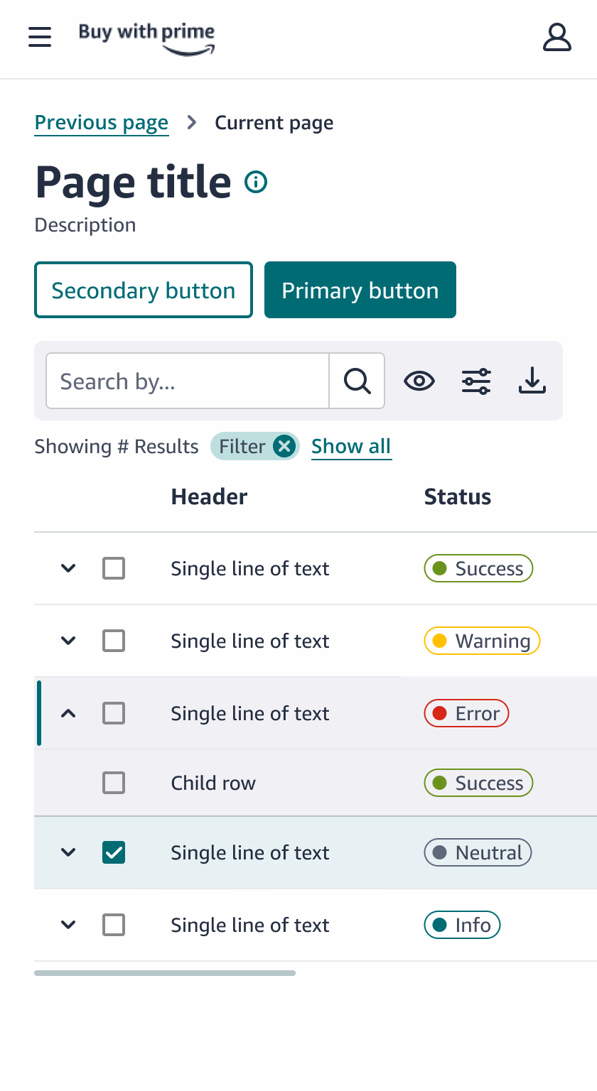 Table component on mobile with condensed column layout and accessible row actions