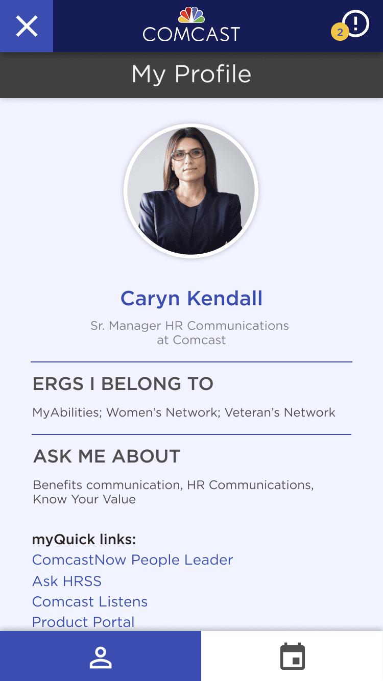 My Profile screen on mobile showing name, title, ERGs I belong to, Ask me about, and My quick links stacked in a single column