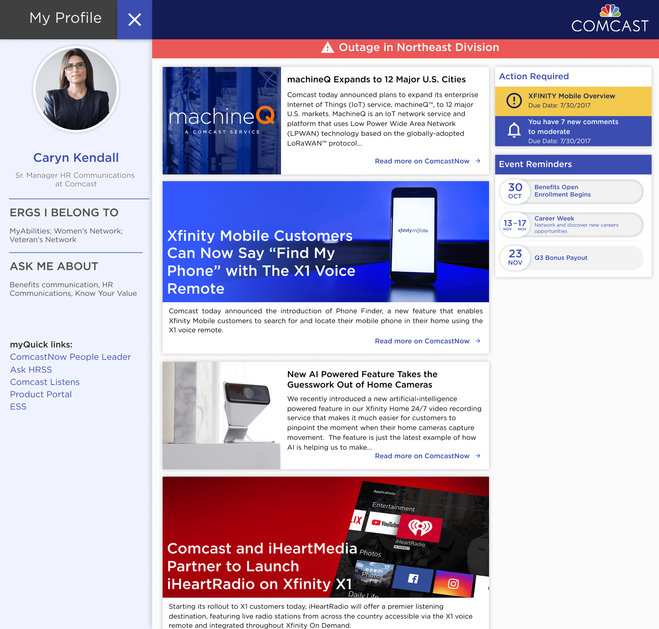 Profile drawer open on desktop showing name, title, ERGs, ask me about, and quick links next to the newsfeed