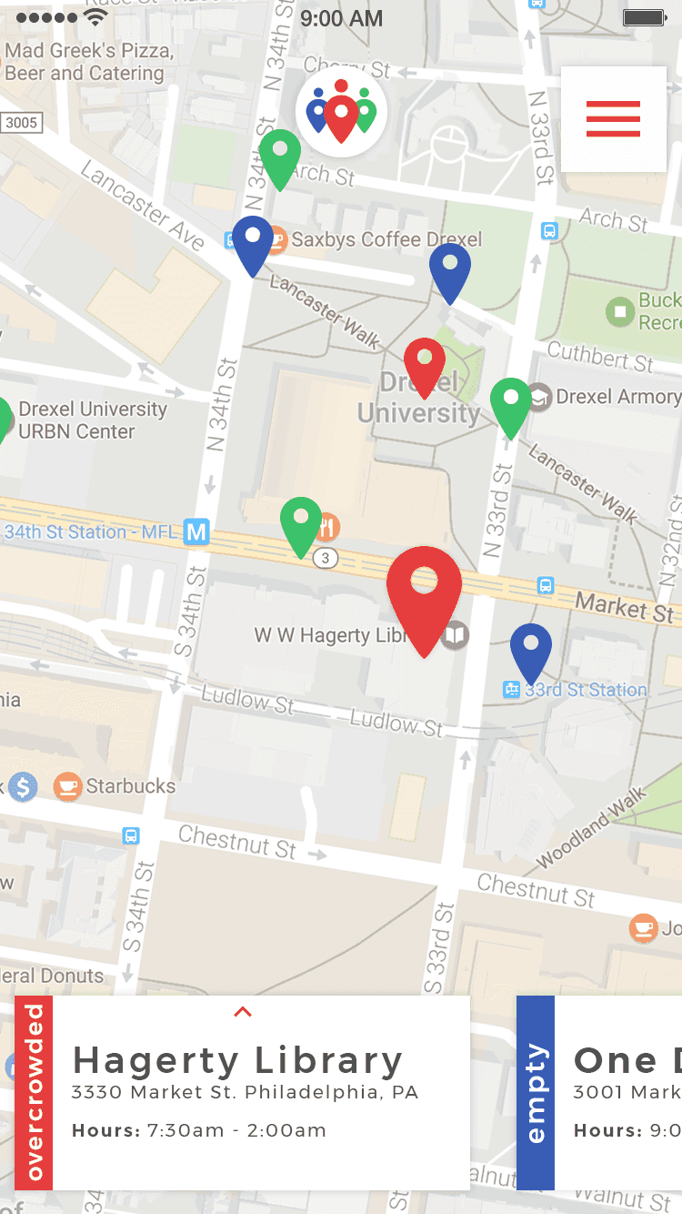 Final app screen: location detail showing real-time crowding level, business info, and directions