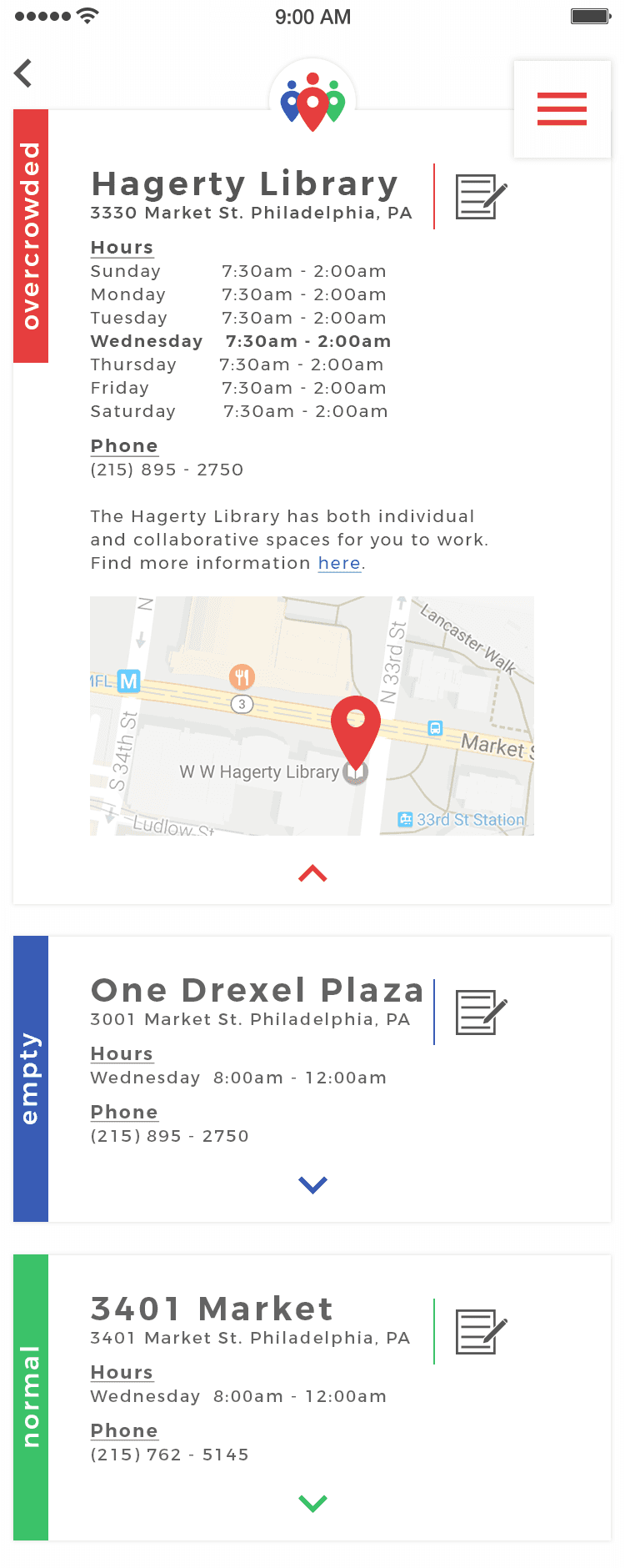 Final app screen: stacked list of nearby locations, each expandable to show hours, phone, and a mini map colored by crowding level