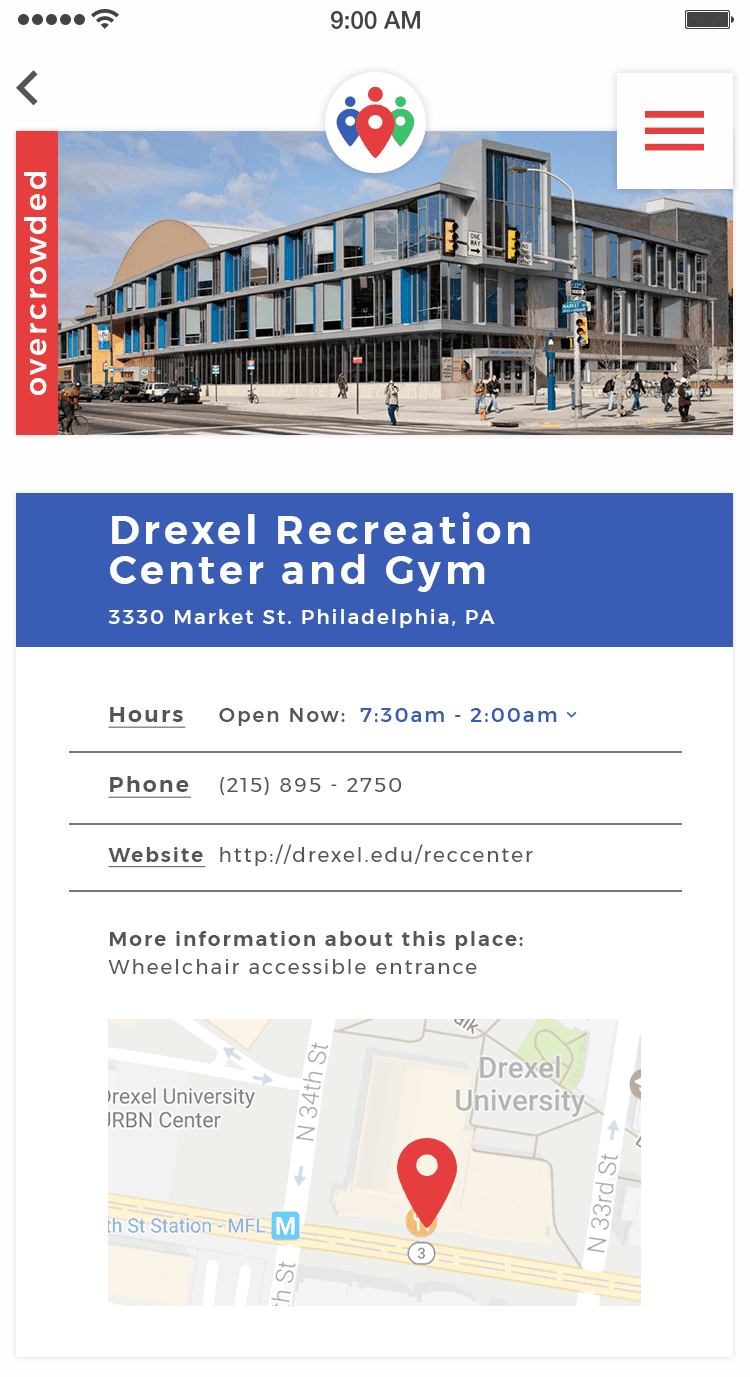 Final app screen: full location detail page for Drexel Recreation Center and Gym with photo, hours, phone, website, and accessibility info