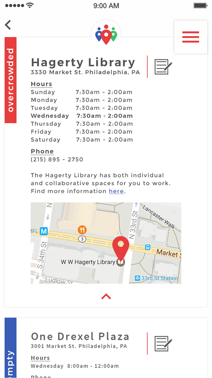 Crowds app location detail for Hagerty Library
