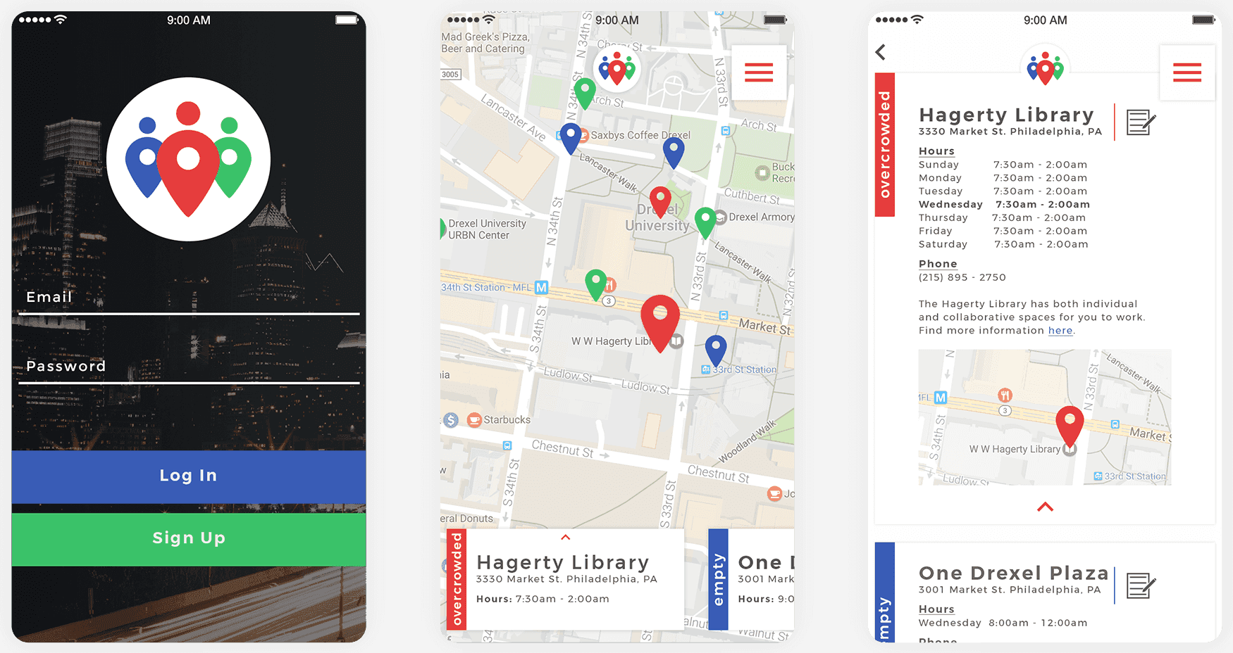 Crowds app overview showing the map-based interface with crowding indicators for Philadelphia study spots, bars, and restaurants