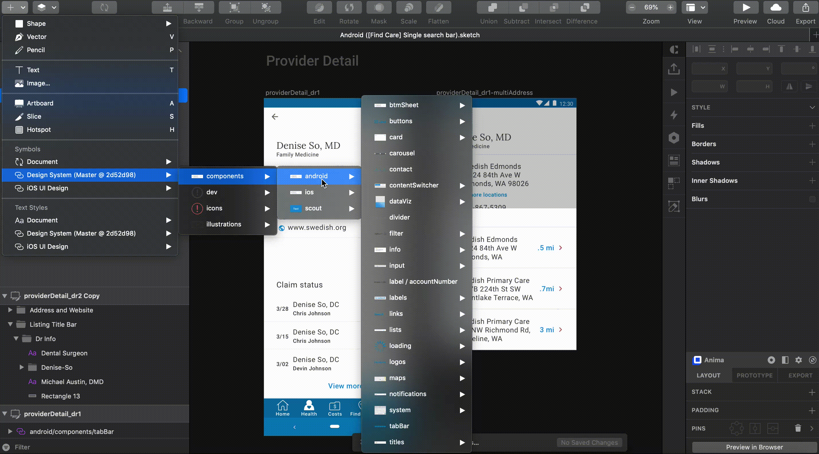 Sketch component library showing design system components organized in Abstract for version control