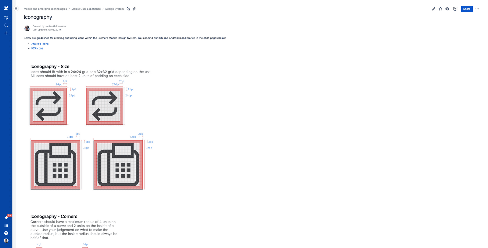 Confluence documentation page showing design system principles and component guidelines