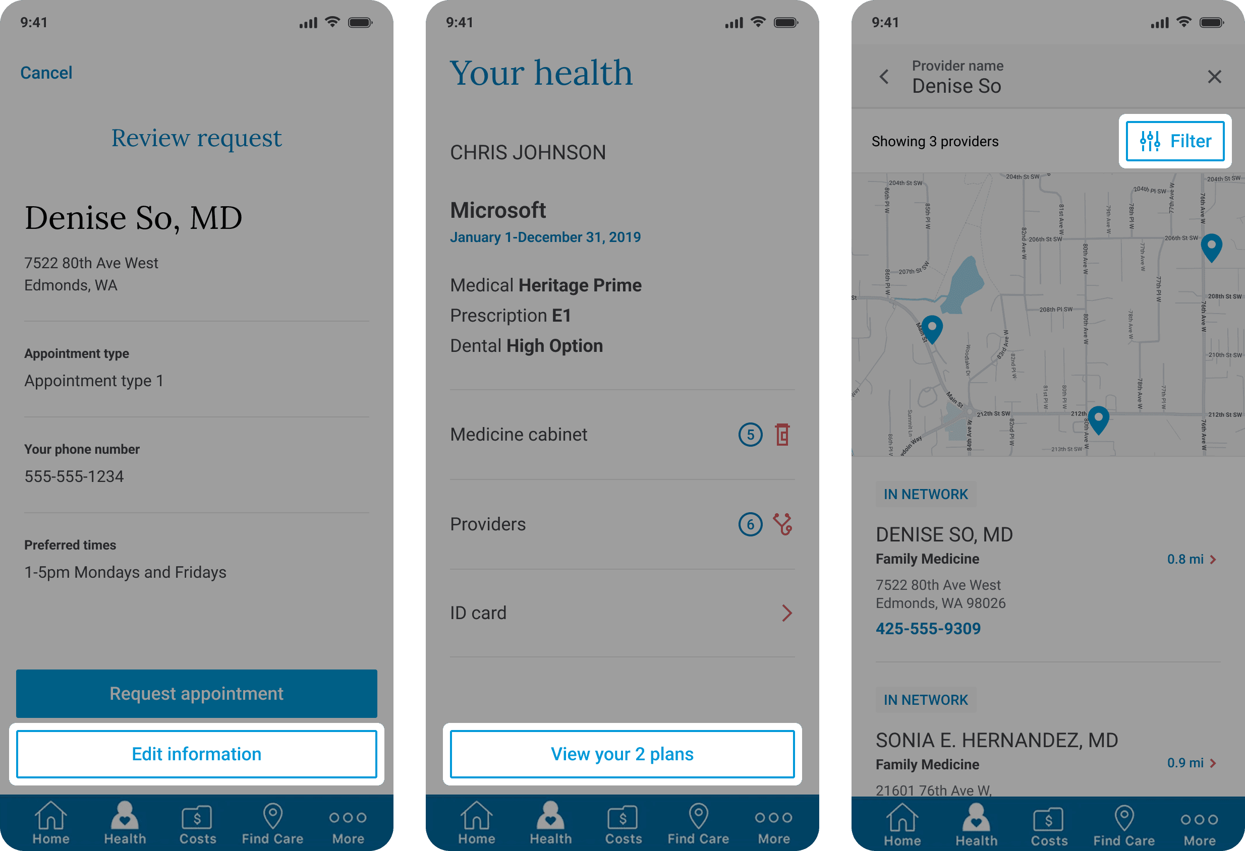 Three mobile screens — review request, your health, and provider search — each highlighting the same standardized outlined button component applied consistently across the app