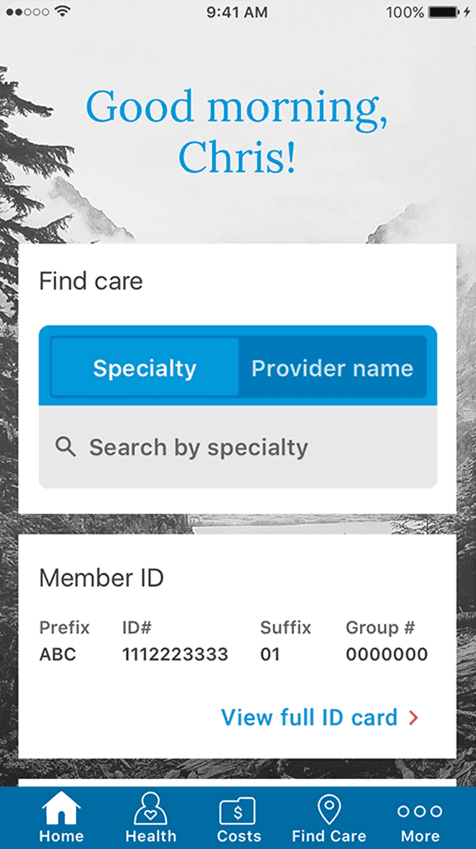 Premera mobile app: home dashboard