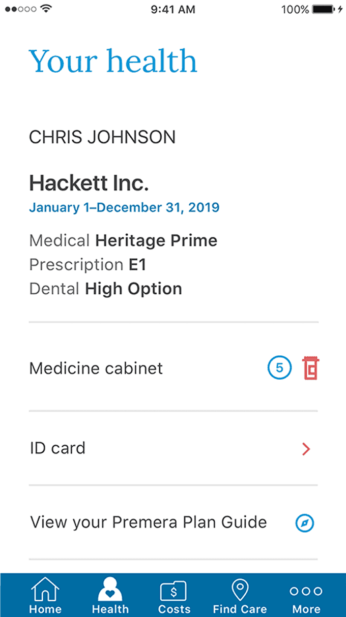 Premera mobile app: health plan details