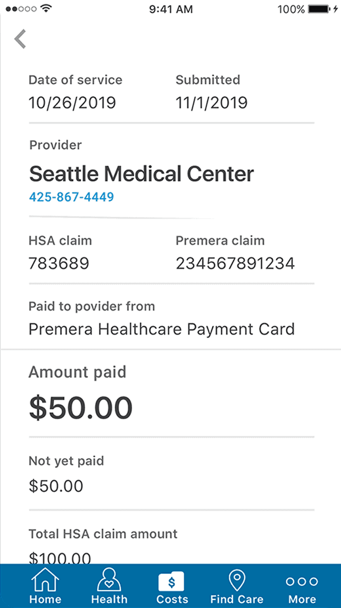 Premera mobile app: claim payment summary