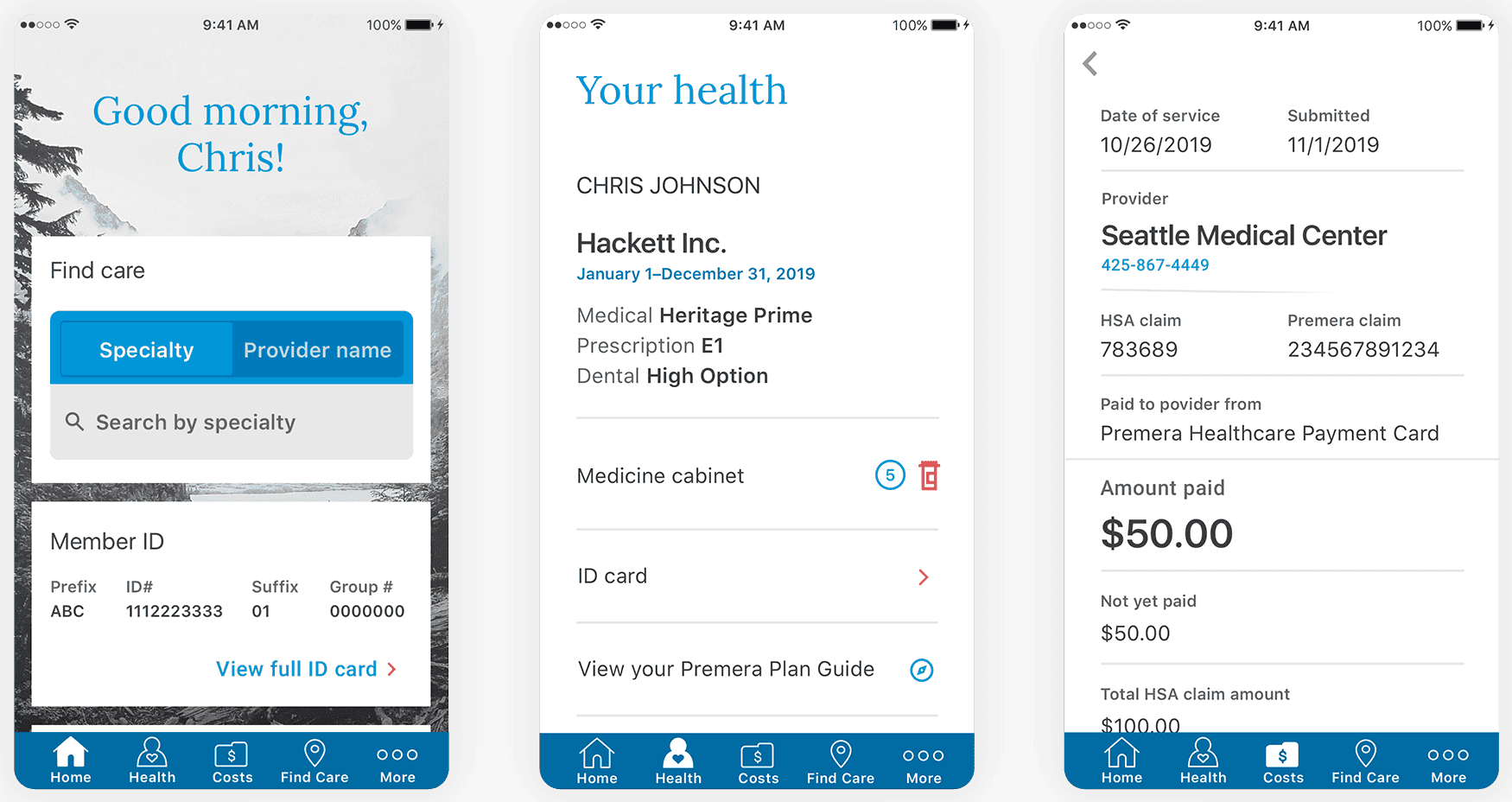 Premera mobile app screens showing the Home, Health, and Costs sections rebuilt with the new mobile design system