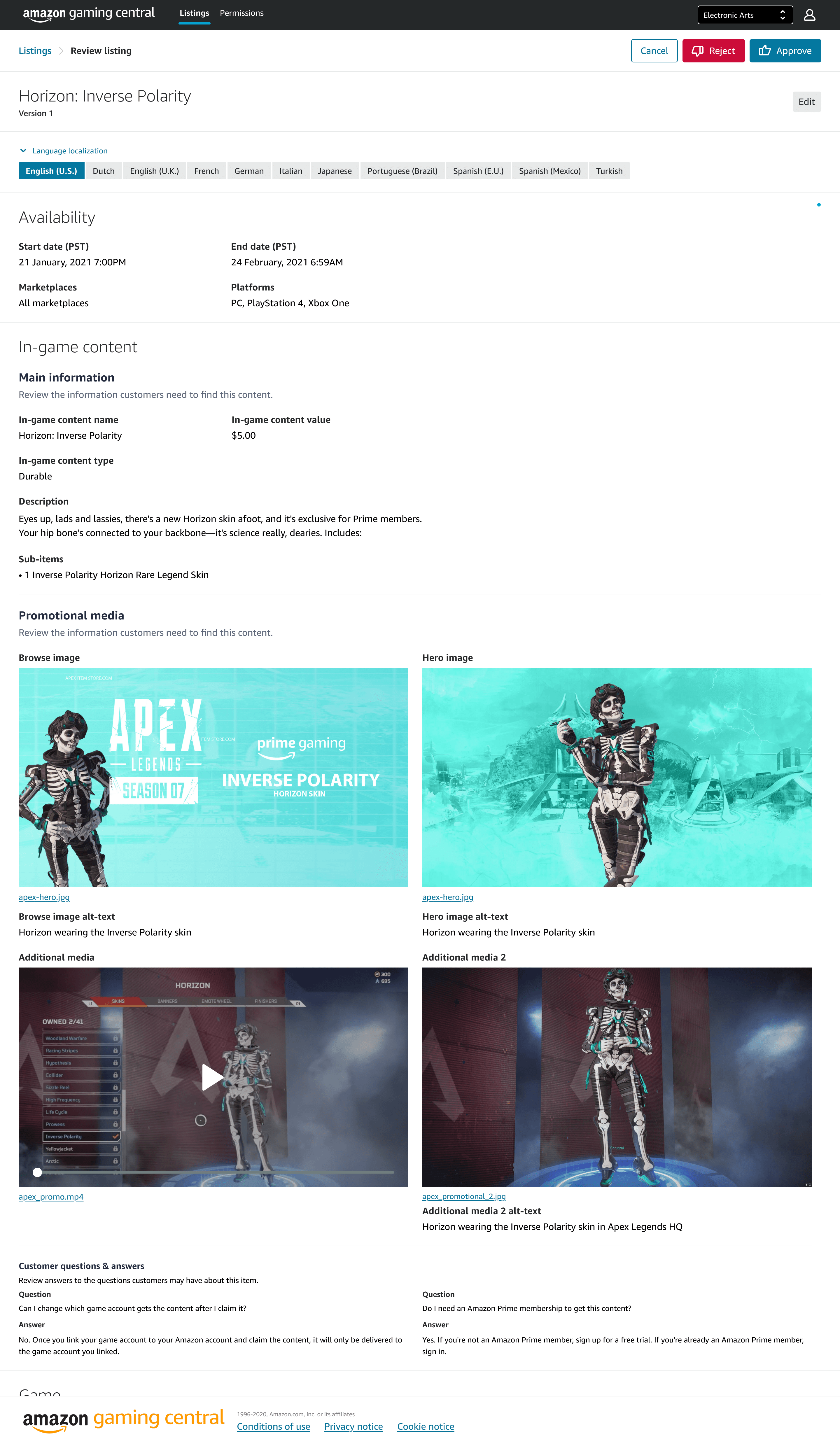 The review listing screen showing availability dates, in-game content details, and promotional media, with Approve and Reject actions in the header