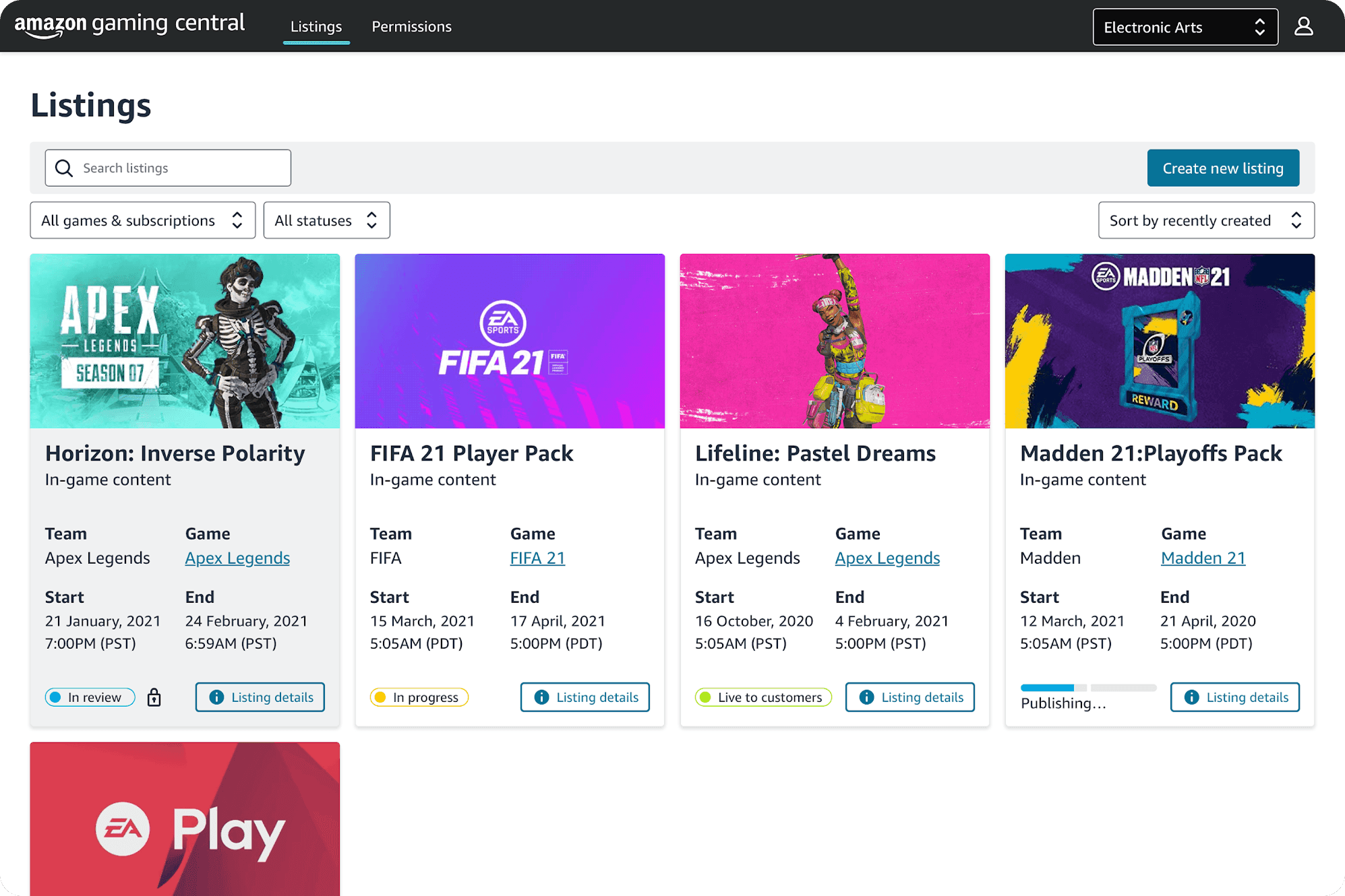 Amazon Gaming Central portal overview showing the developer content publishing interface
