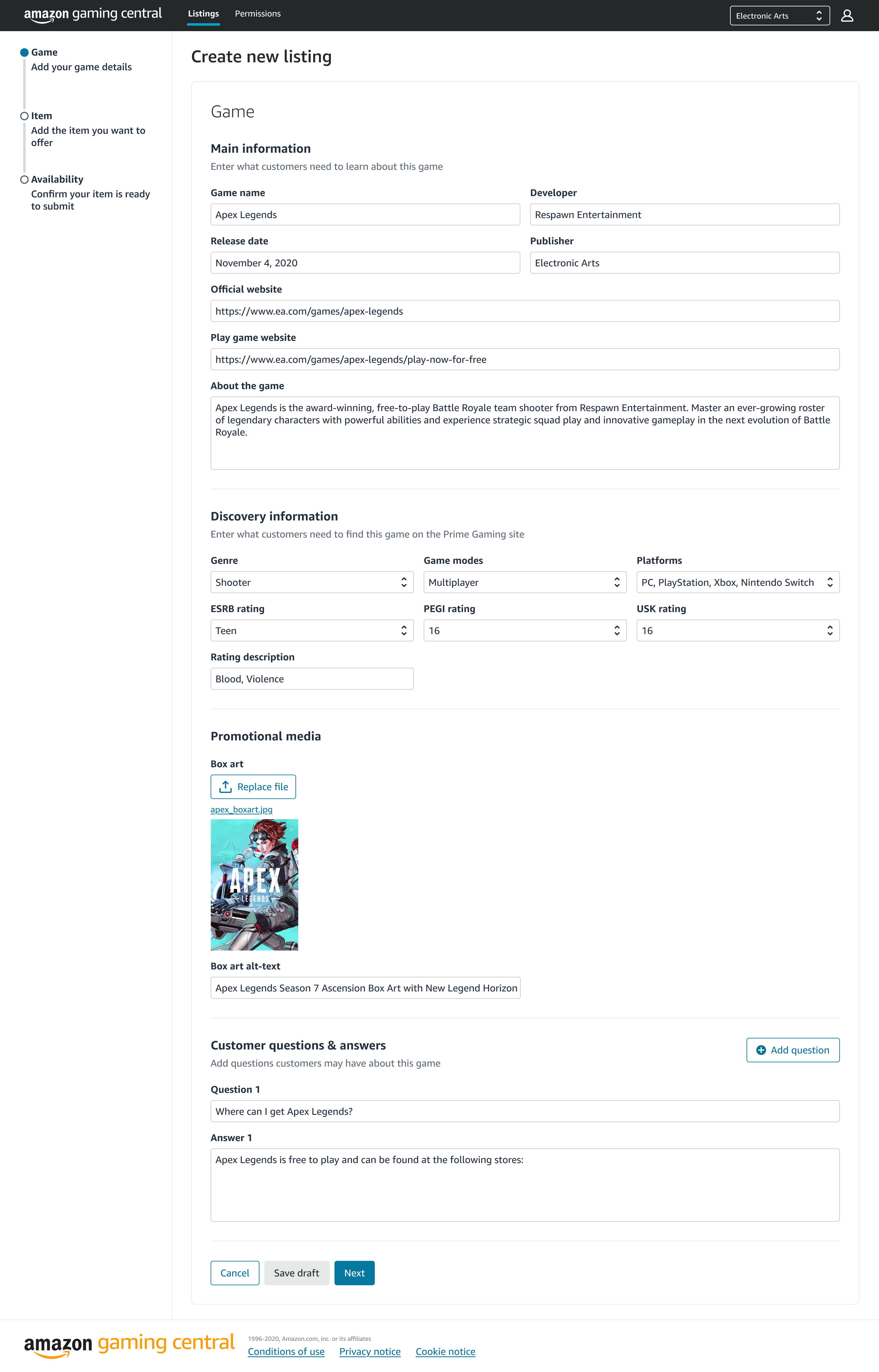Step one of the Create new listing flow, Game, with the left rail showing Game active ahead of Item and Availability