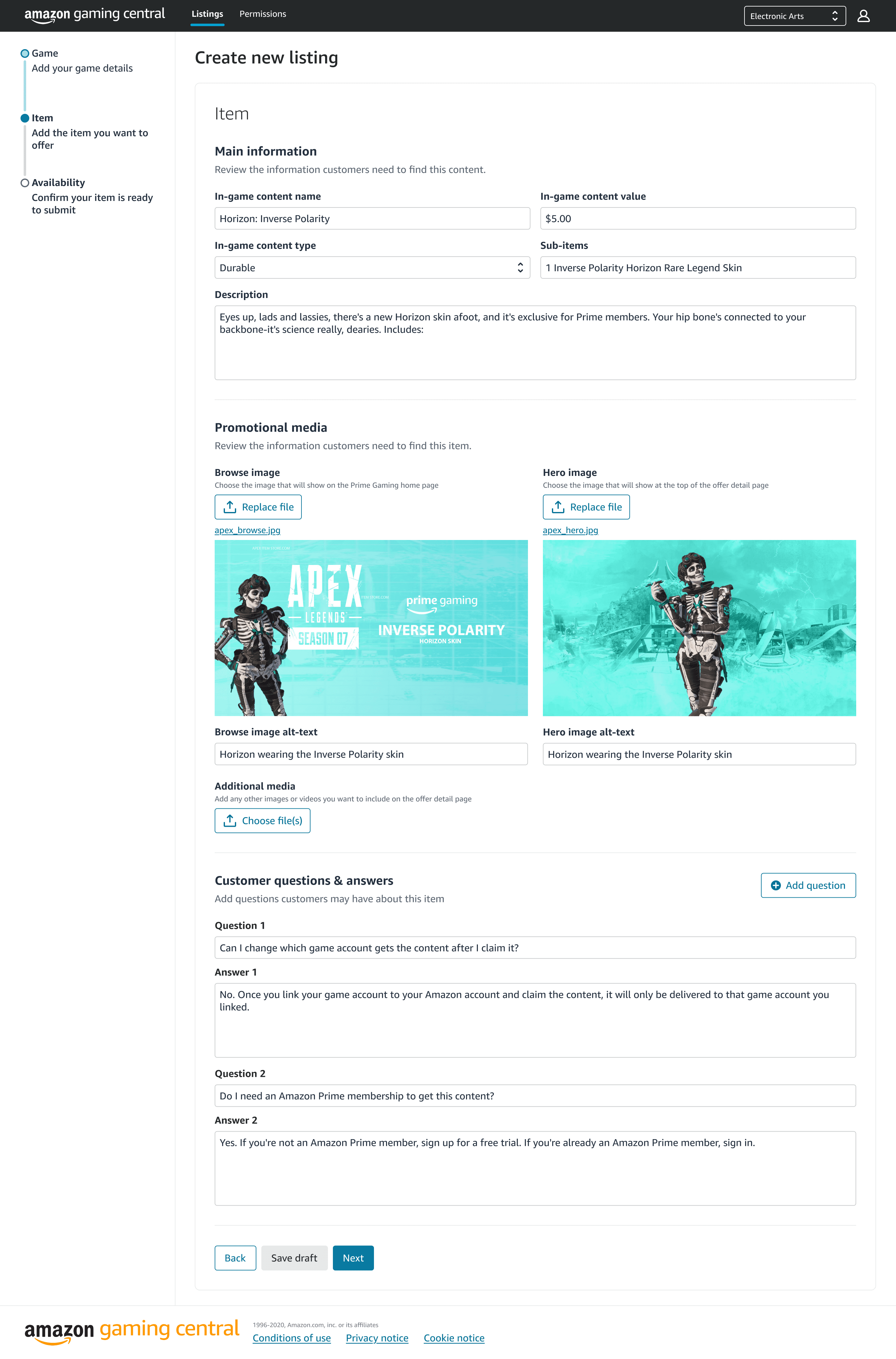 Step two of the Create new listing flow, Item, with the left rail showing Game complete and Item active