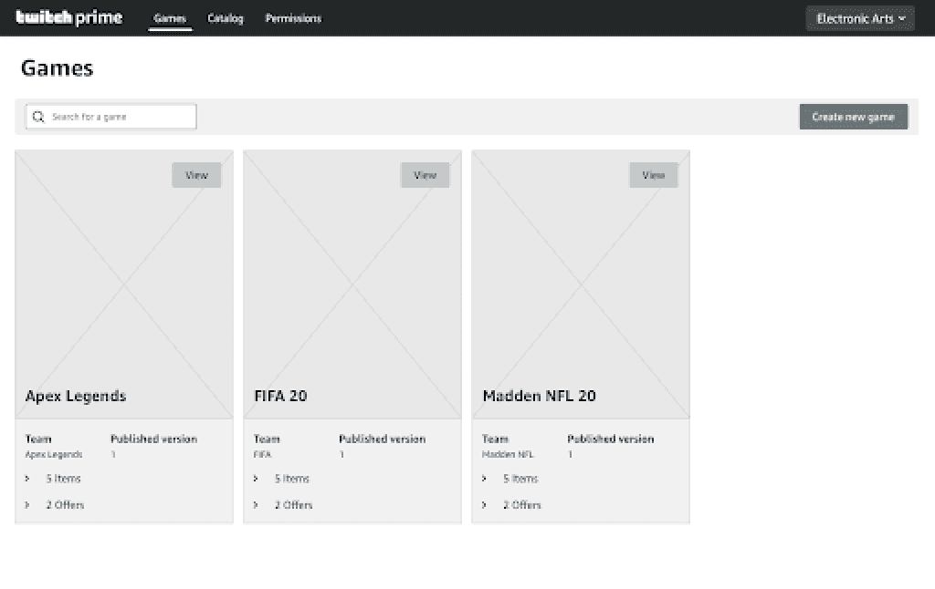 Wireframe showing the Games, Items, and Offers catalog structure with content lifecycle timeline view