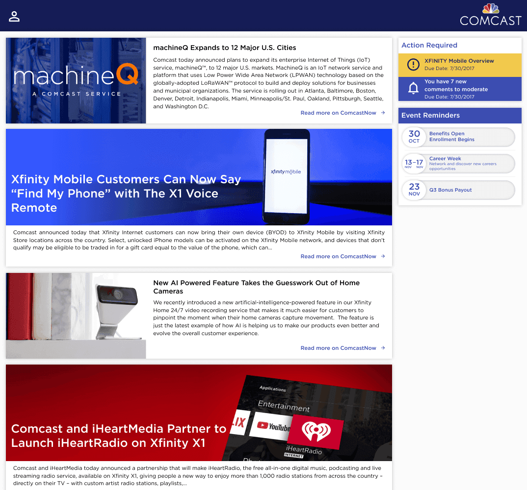 Final dashboard design on desktop showing the newsfeed, alert sidebar, and gradient header treatment