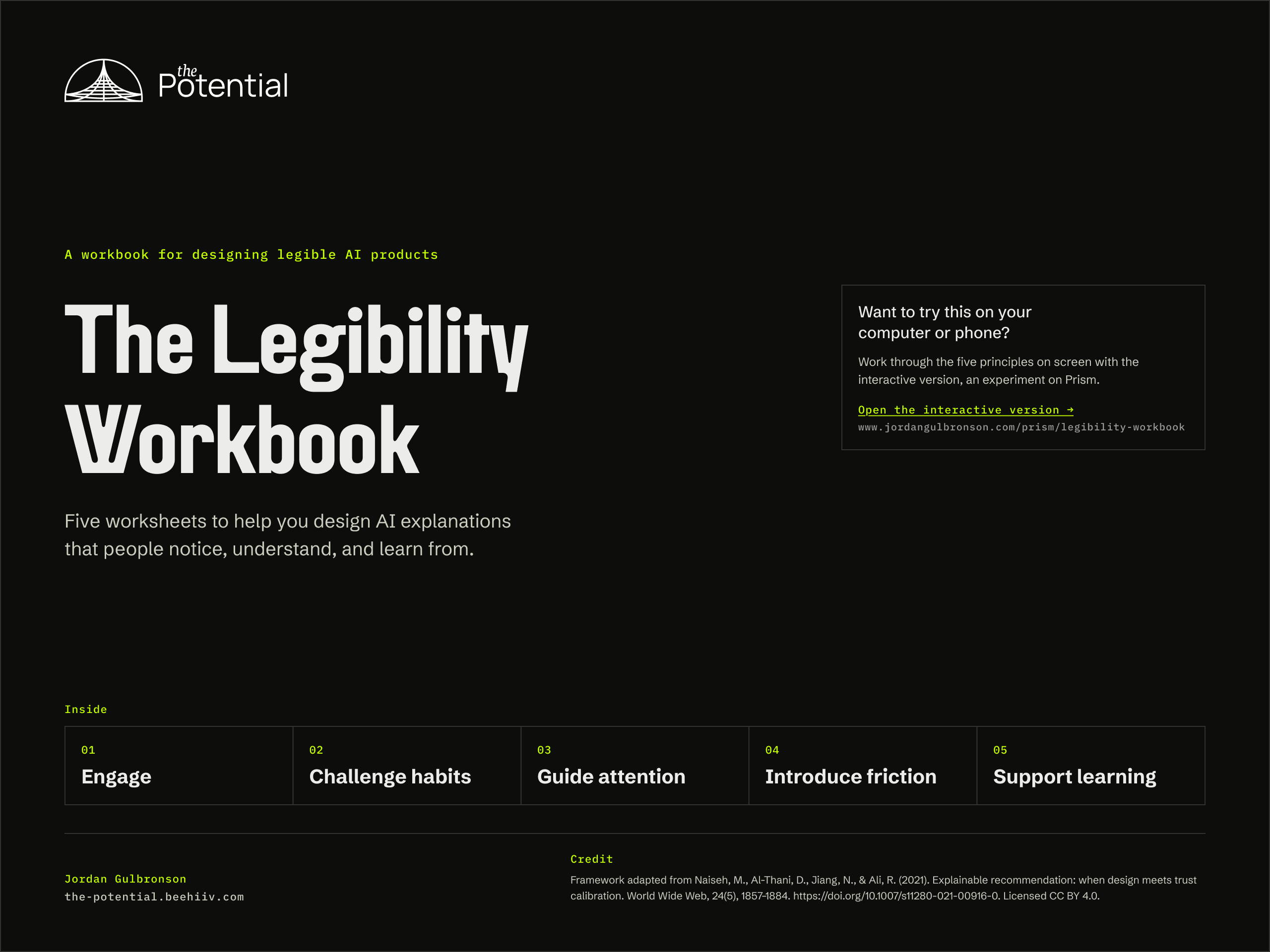 Cover of The Legibility Workbook: a workbook for designing legible AI products, with five worksheets: Engage, Challenge habits, Guide attention, Introduce friction, Support learning