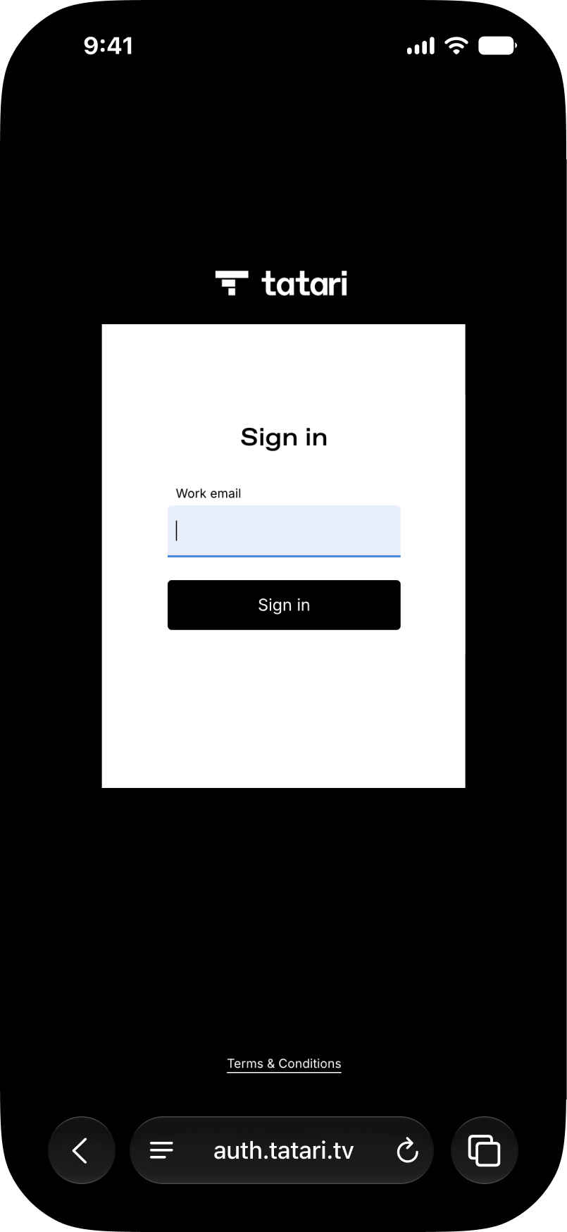 Generated Tatari login screen rendered with Beam semantic tokens
