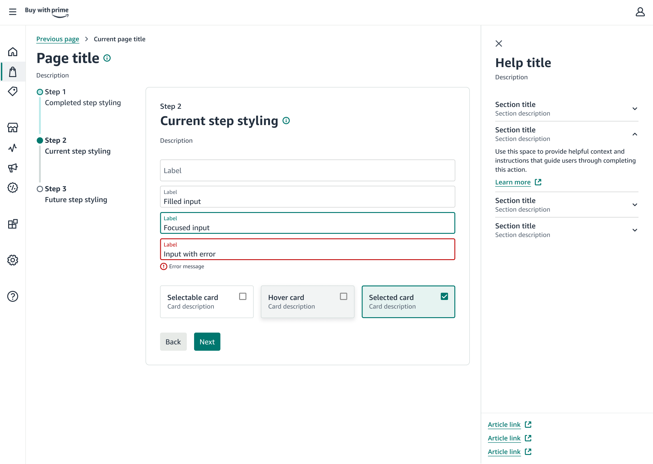 Multi-step merchant onboarding flow showing step navigation, form inputs with validation states, selectable cards, and a contextual help panel