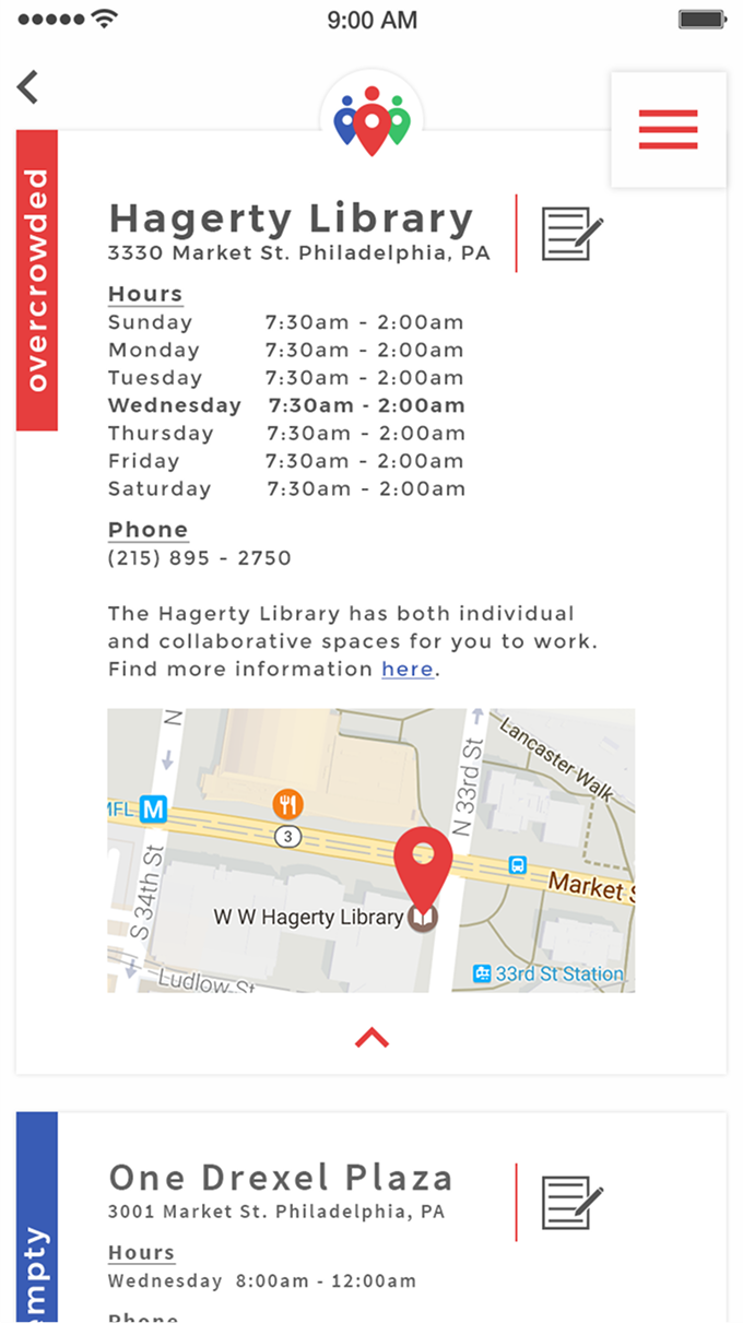Crowds app location detail for Hagerty Library