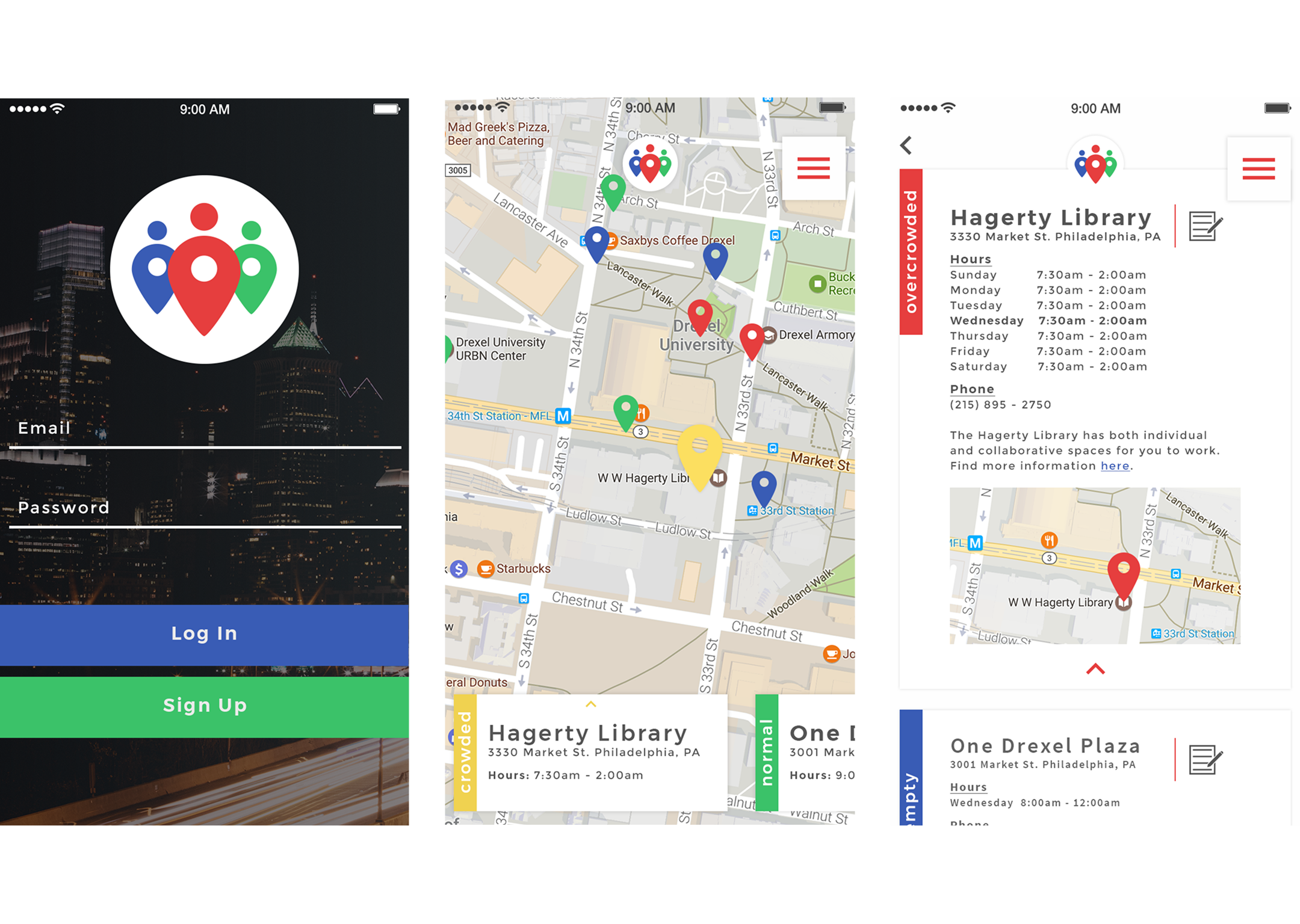 Crowds app login screen, map view with crowd-level pins, and a location detail screen for Hagerty Library