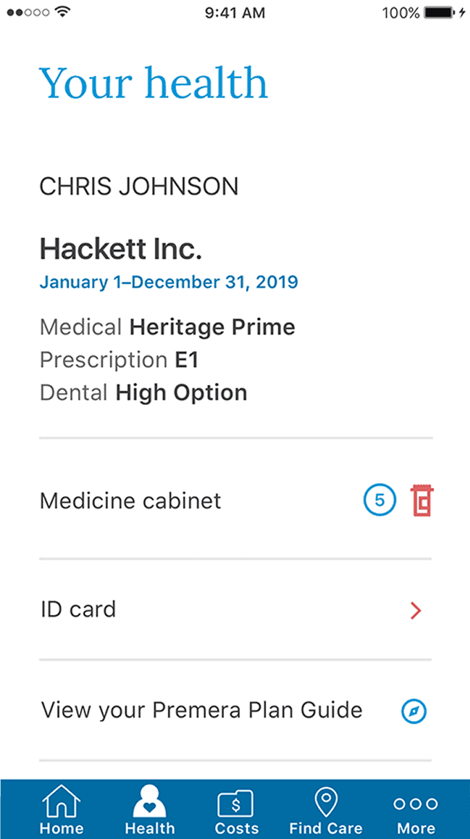 Premera mobile app: health plan details