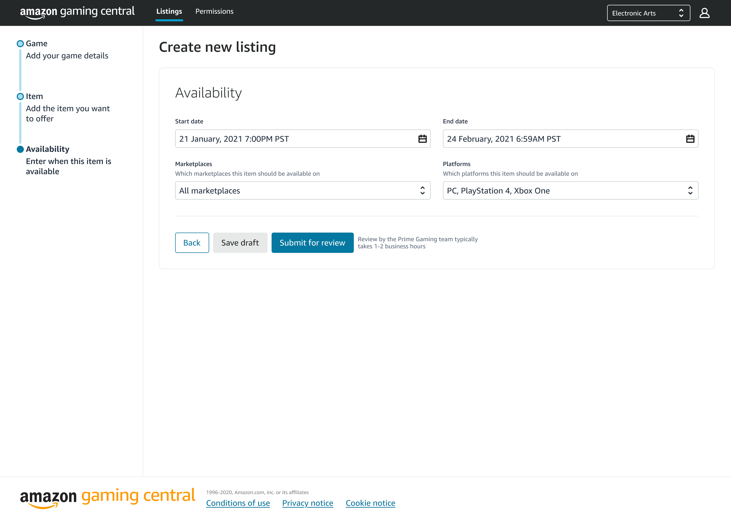 Create new listing stepper in Amazon Gaming Central