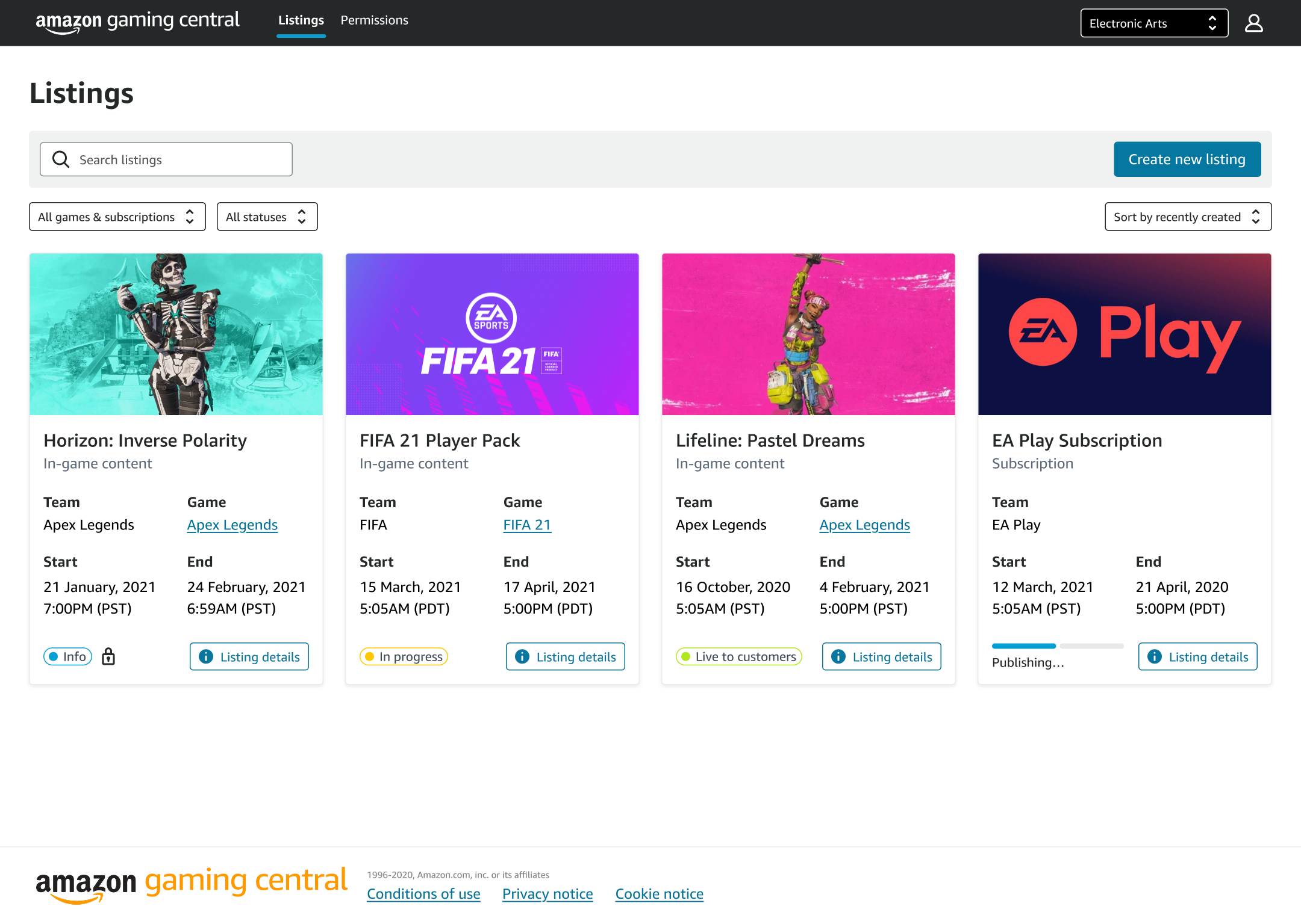 Amazon Gaming Central listings screen showing game and subscription cards with start/end dates and publishing status badges