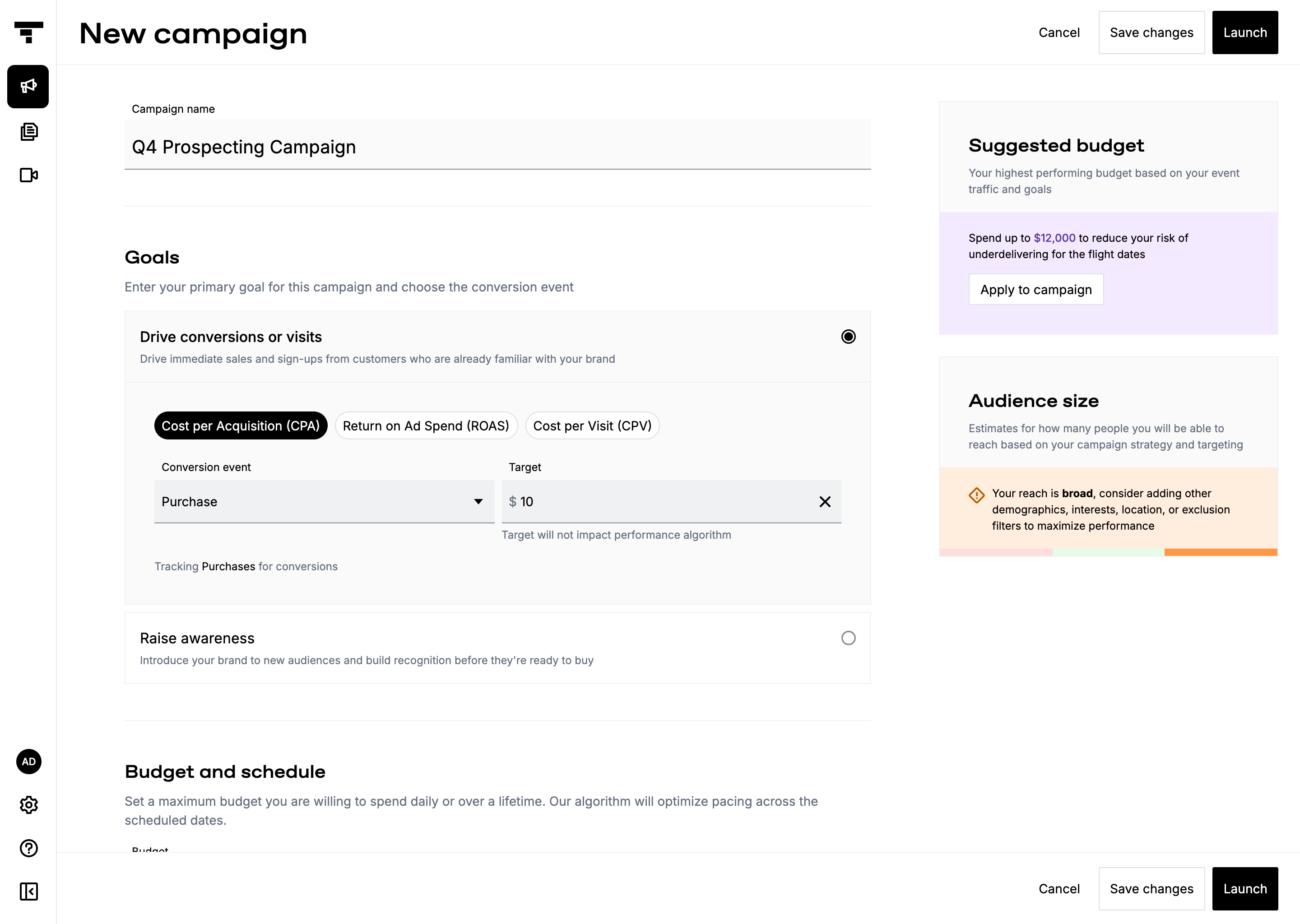 Campaign creation flow showing goal selection